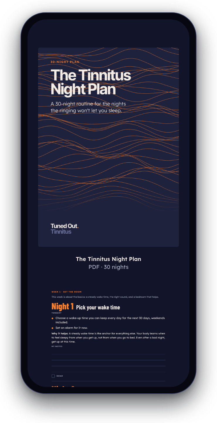The Tinnitus Night Plan PDF open on a phone
